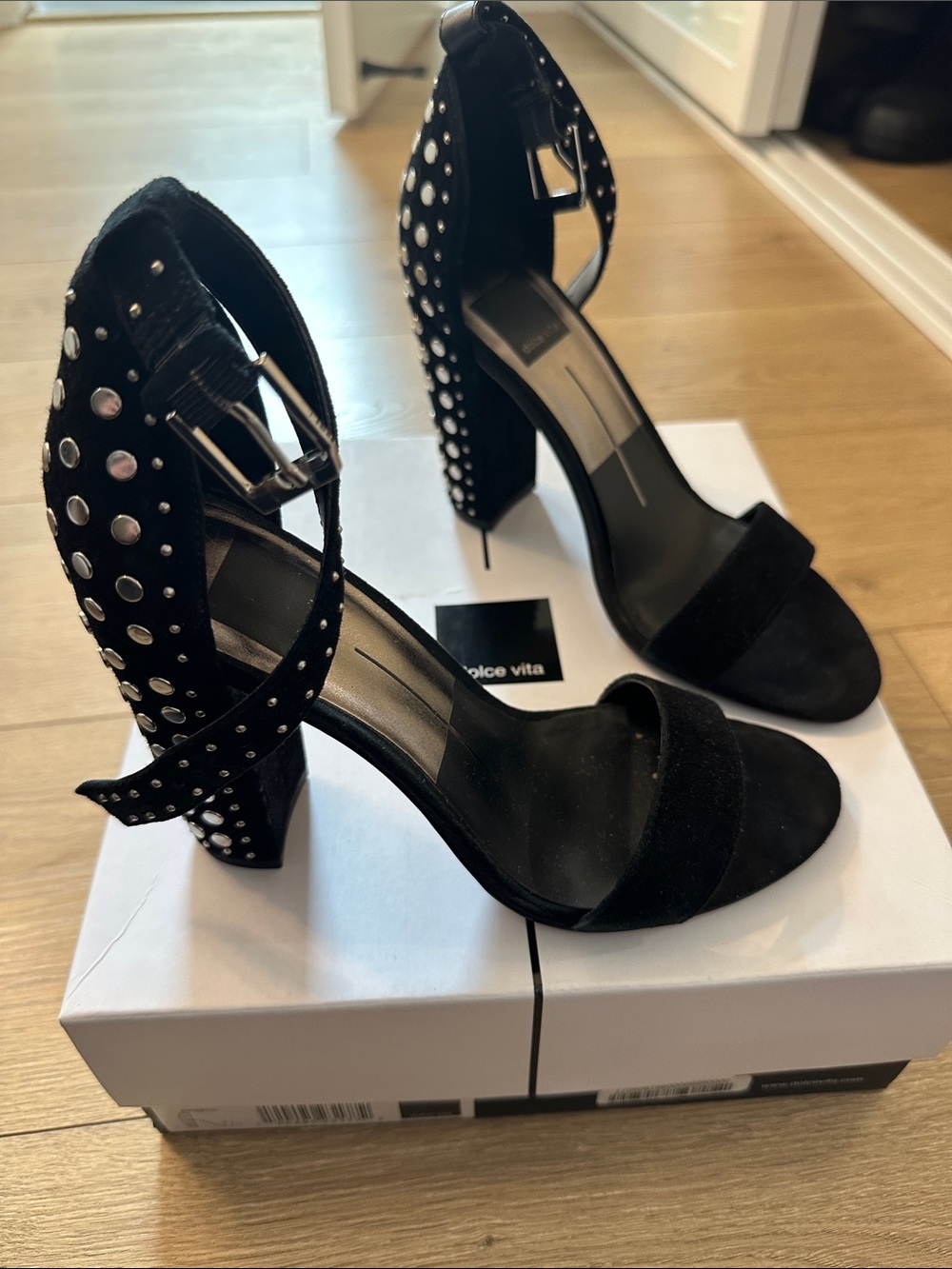 Dolce Vita Black Studded Block Heel Sandals with Ankle Strap
